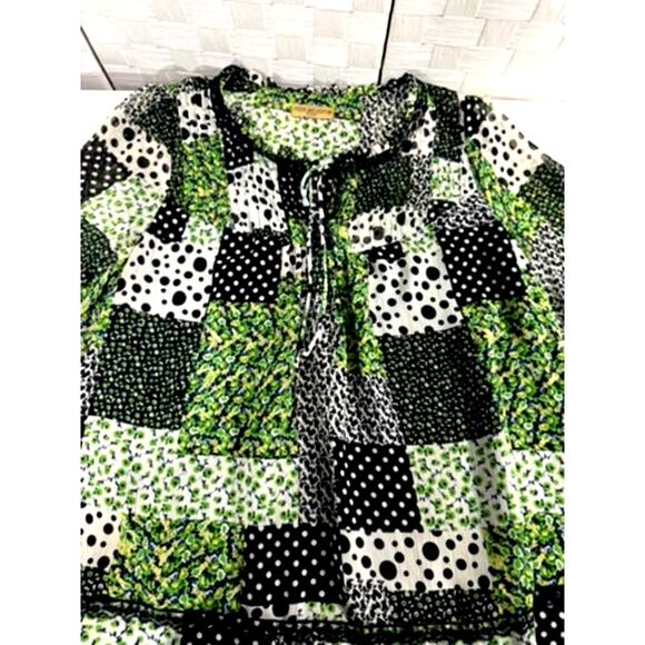 "Notations" Patchwork Sheer Blouse, TIe in Front,Ruffled Sleeves.Artsy,Country - Picture 7 of 8